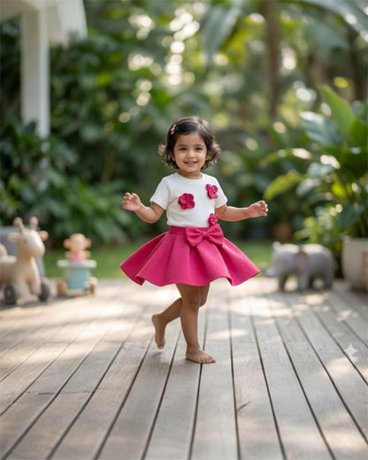 Girls Pink Bow & Floral top & skirt set