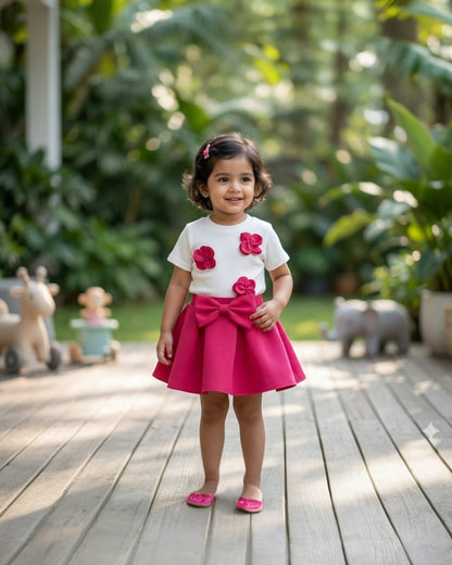 Girls Pink Bow & Floral top & skirt set