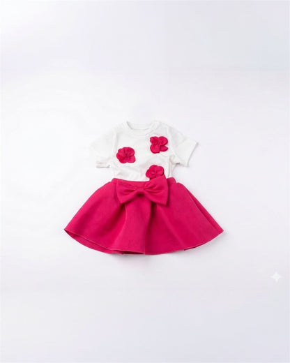 Girls Pink Bow & Floral top & skirt set