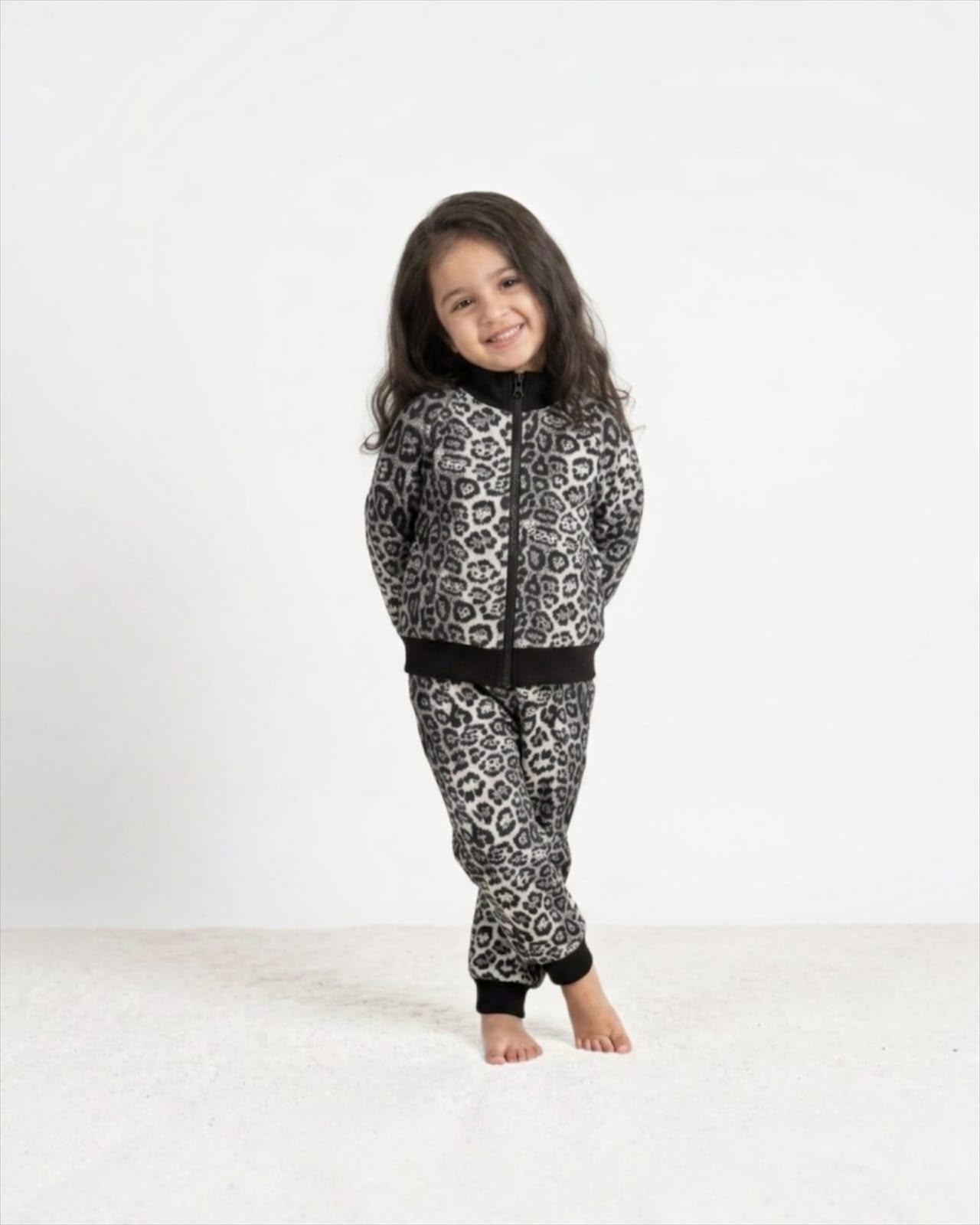 Leopard Print 3-Piece Winter Co-ord Set for girls | T-Shirt, Zip-Up Jacket & Trousers