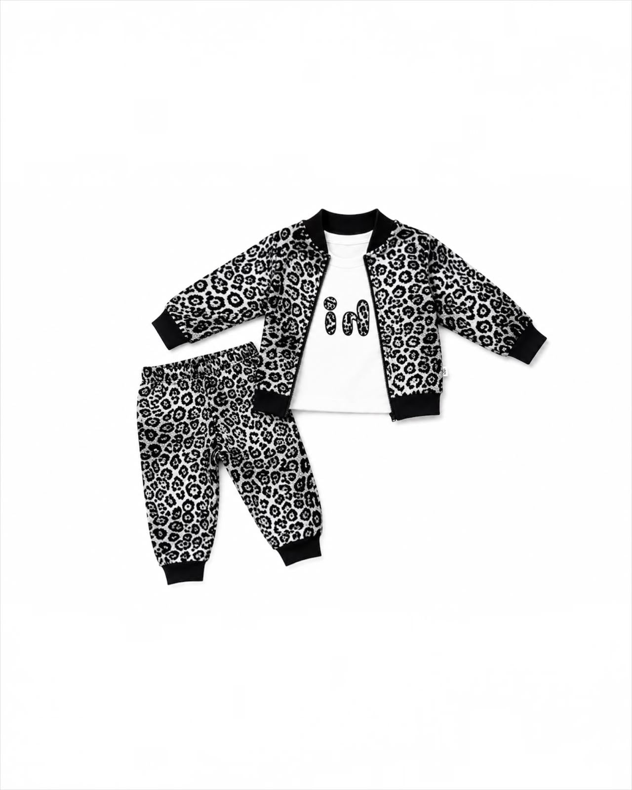 Leopard Print 3-Piece Winter Co-ord Set for girls | T-Shirt, Zip-Up Jacket & Trousers