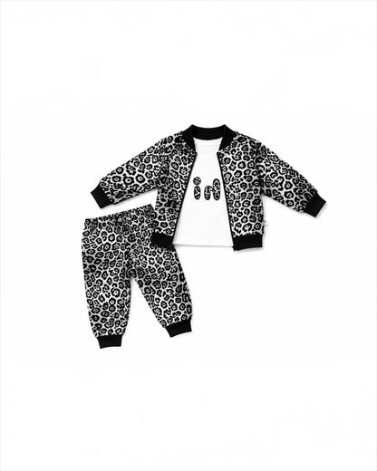 Leopard Print 3-Piece Winter Co-ord Set for girls | T-Shirt, Zip-Up Jacket & Trousers