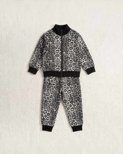 Leopard Print 3-Piece Winter Co-ord Set for girls | T-Shirt, Zip-Up Jacket & Trousers