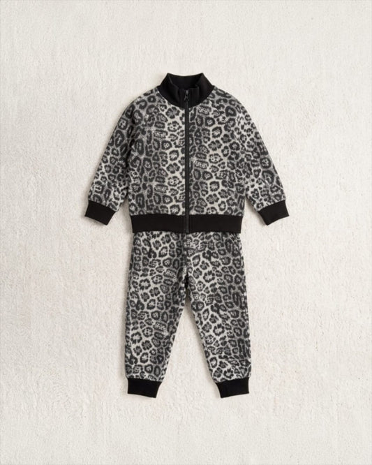 Leopard Print 3-Piece Winter Co-ord Set for girls | T-Shirt, Zip-Up Jacket & Trousers