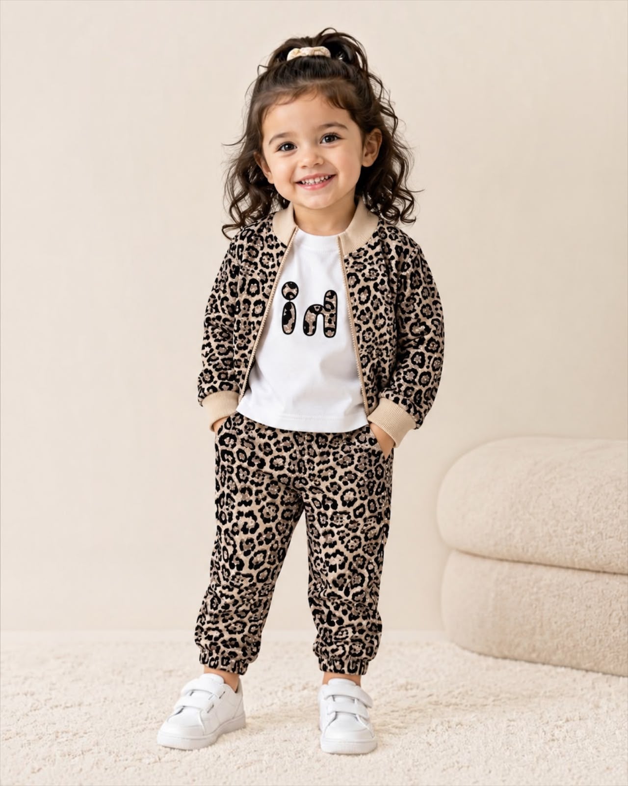 Leopard Print 3-Piece Winter Co-ord Set for girls | T-Shirt, Zip-Up Jacket & Trousers