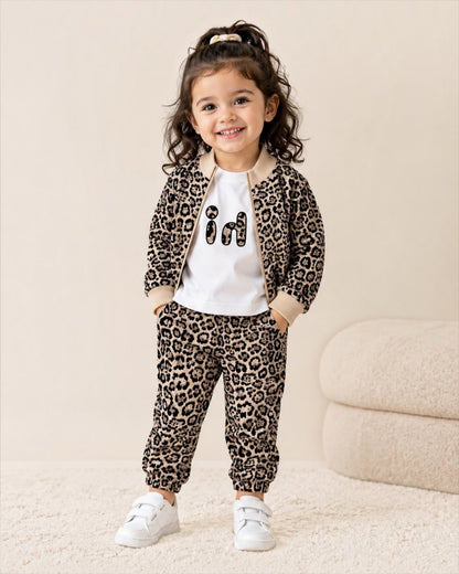 Leopard Print 3-Piece Winter Co-ord Set for girls | T-Shirt, Zip-Up Jacket & Trousers