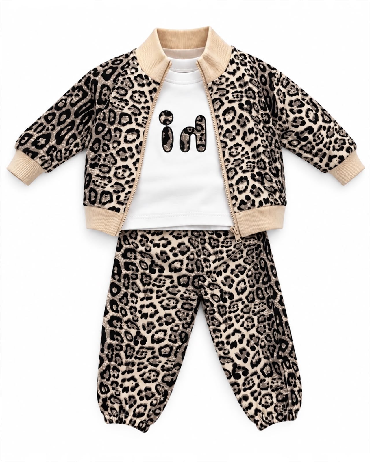 Leopard Print 3-Piece Winter Co-ord Set for girls | T-Shirt, Zip-Up Jacket & Trousers