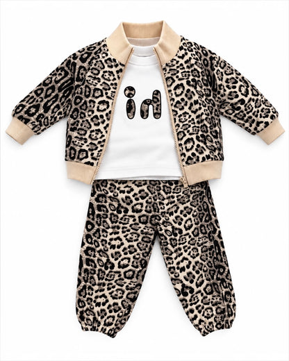 Leopard Print 3-Piece Winter Co-ord Set for girls | T-Shirt, Zip-Up Jacket & Trousers
