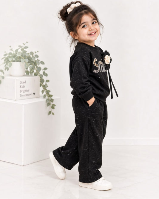 Black Floral Appliqué Sweatshirt & Trouser Set for Girls