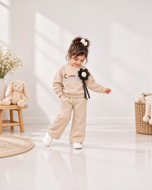 Beige Floral Appliqué Sweatshirt & Trouser Set for Girls