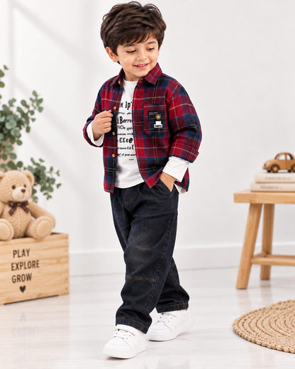 Boys Red Tartan Plaid Shirt Jacket with Graphic Tee & Denim Jeans – 3-Piece Casual Outfit Set