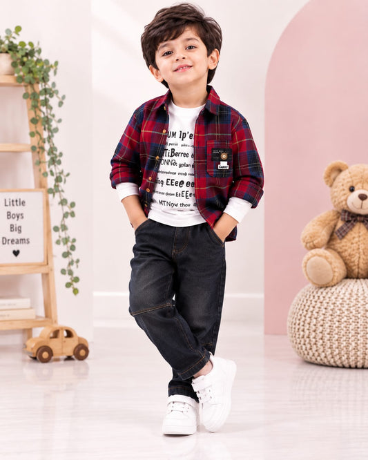 Boys Red Tartan Plaid Shirt Jacket with Graphic Tee & Denim Jeans – 3-Piece Casual Outfit Set