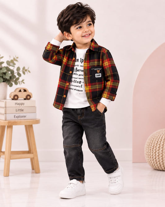 Boys Tartan Plaid Shirt Jacket with Graphic Tee & Denim Jeans – 3-Piece Casual Outfit Set