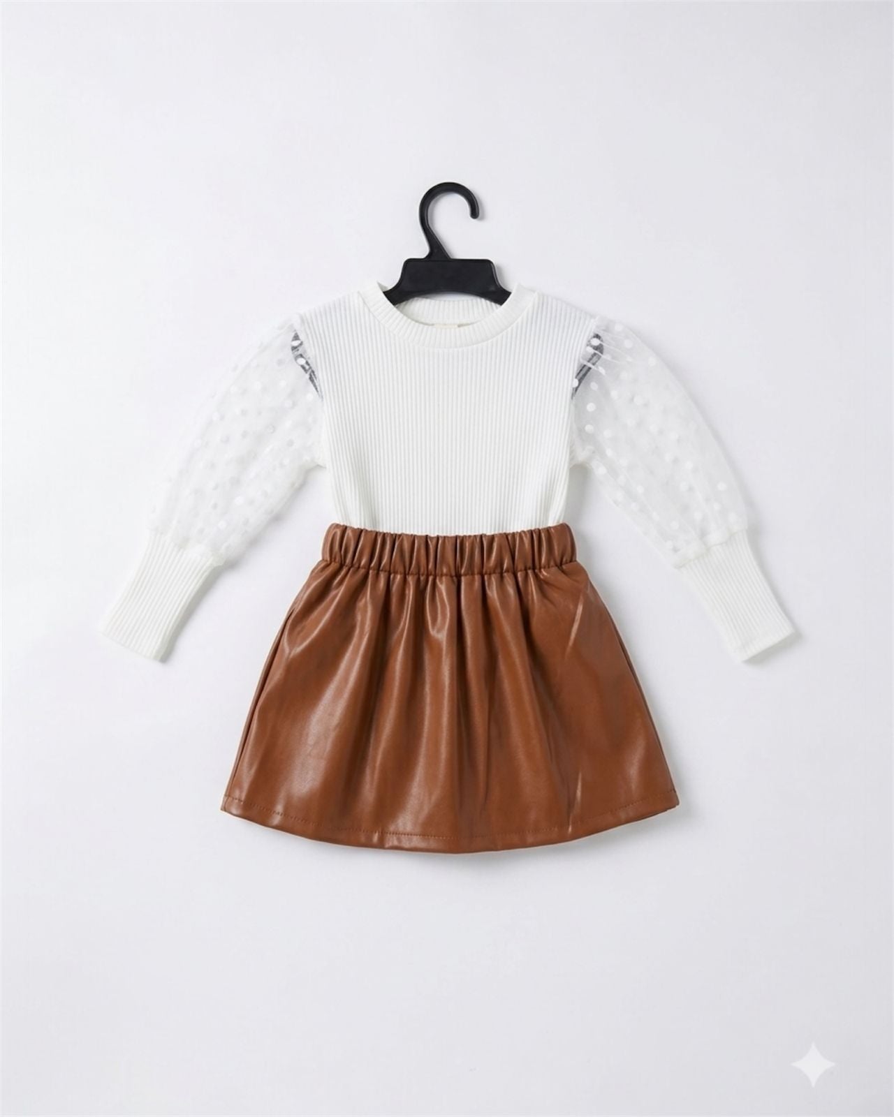 Chic Polka Dot Sleeve White Top & Faux Leather Skirt Set
