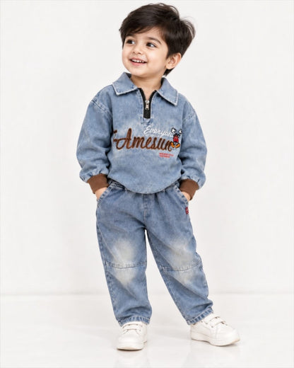 Boy wearing blue denim co-ord set front view