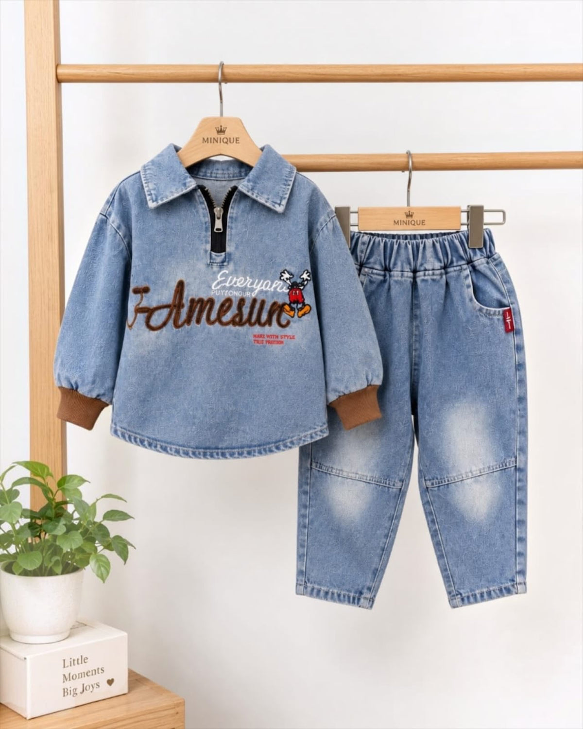 Boys blue denim co-ord set with embroidered top and matching jeans