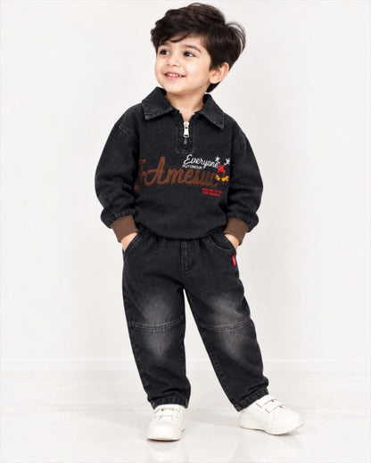 Boy wearing black washed denim co-ord set front view
