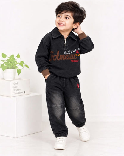 Boy wearing black embroidered denim co-ord set