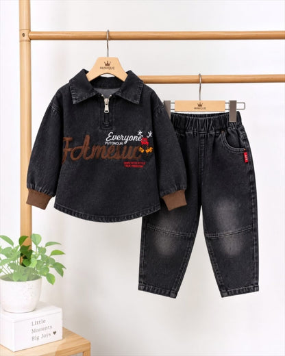 Boys black washed denim co-ord set with embroidered top and matching jeans