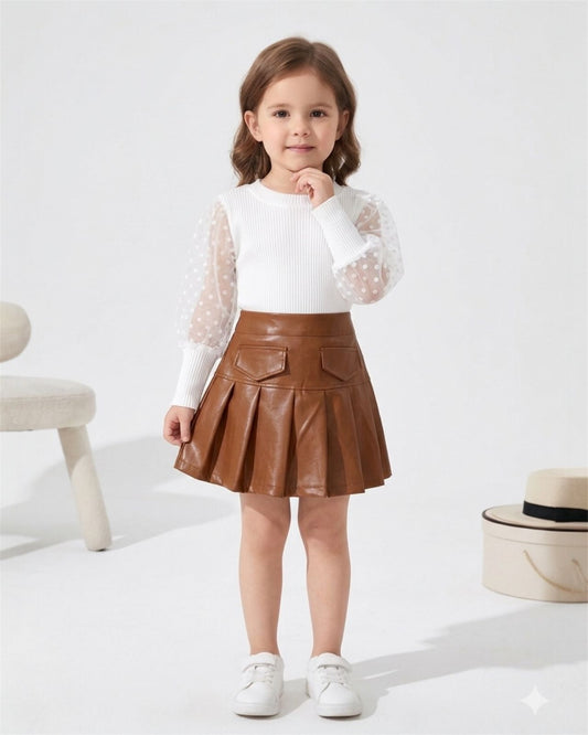 Chic Polka Dot Sleeve White Top & Faux Leather Skirt Set